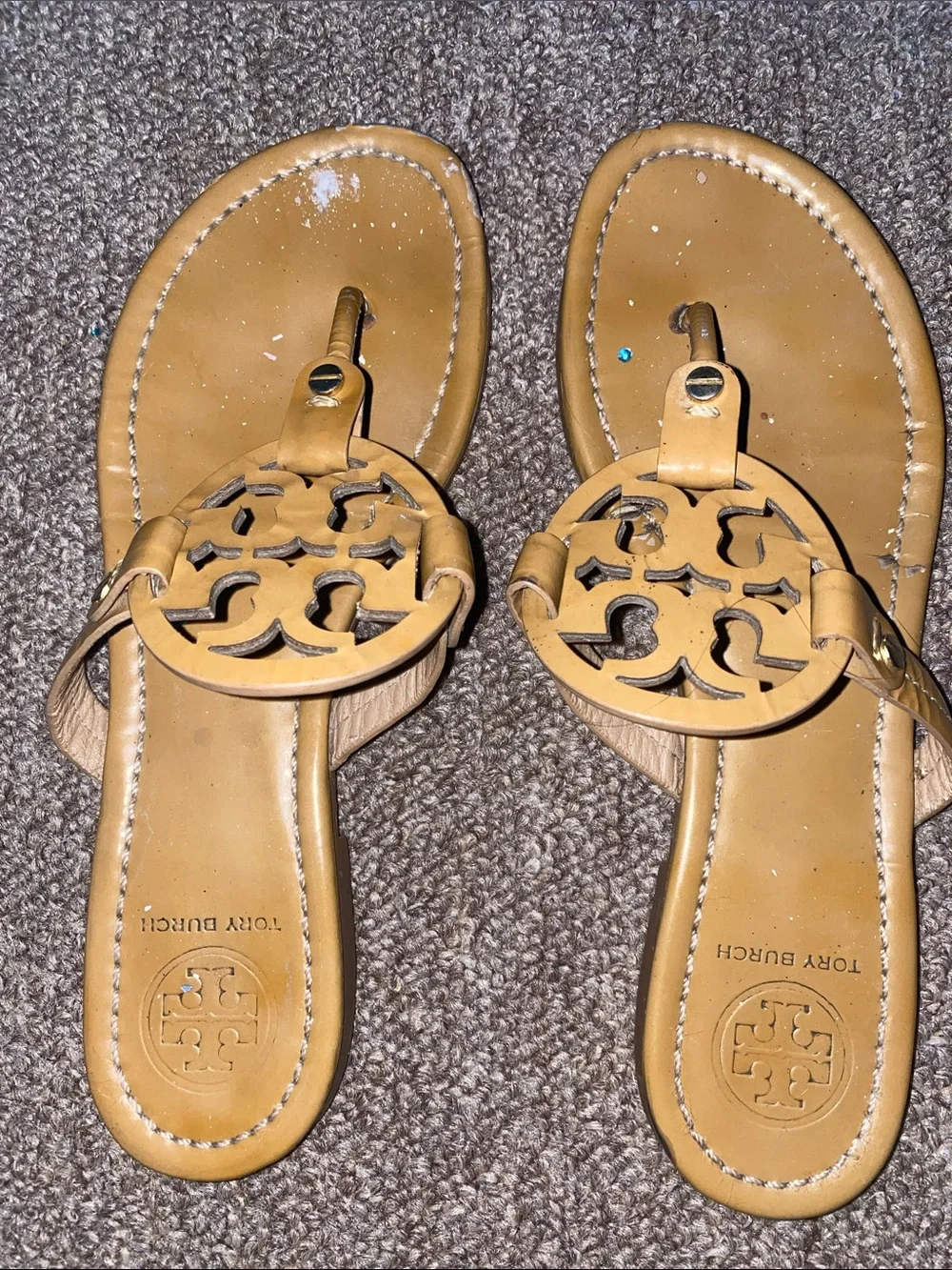 Tory Burch Camel Tan Logo Thong Sandals